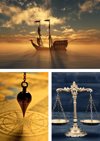 A ship, compass and scales